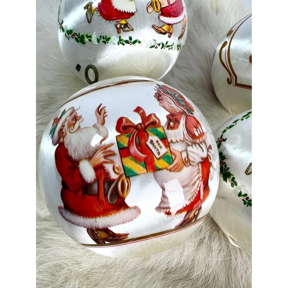 Vintage Satin Ball Ornaments Santa Kissing Mrs Claus Christmas set of 4